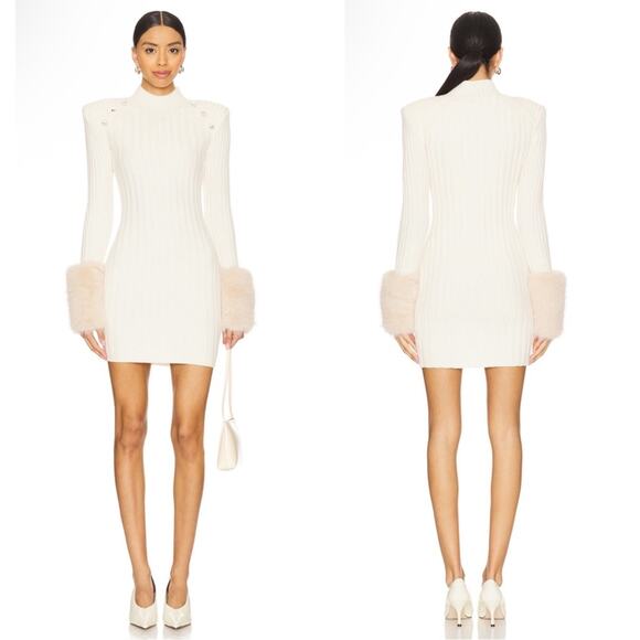 Retrofete Jane Long Sleeve Wool Cashmere Faux Fur White Mini Dress Size Medium - Picture 1 of 9